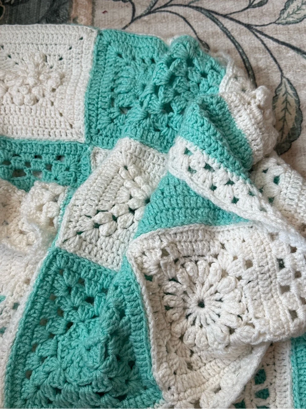Handmade mint and white crochet granny square afghan blanket Throw 45x64